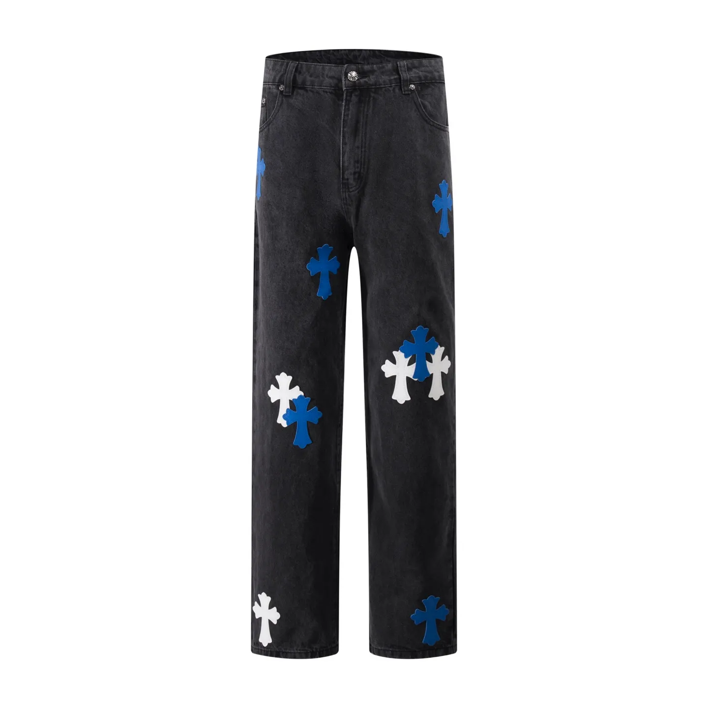P240 Style number: H31 Croxin & 𝐂𝐡𝐫𝐨𝐦𝐞 𝐇𝐞𝐚𝐫𝐭 ss25 black pants blue leather Sanskrit leather limited edition patchwork jeans. Styles with different washed textures are very friendly to people with thin legs. The slightly flared version perfectly modifies the leg shape. The timeless and moderate length makes it easy to match and match. It is the basis for various styles and is a must-have in your wardrobe! The fabric is stiff but also makes the upper body soft without losing texture. The washing process is even more perfect. It is a must-have item for everyone! ! ! Washed wheat, hang tag, pants label, three labels complete Color: black Size: 30-32-34-36